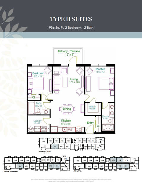 Floor plan for 2 beds, 2 baths, 956 sqft